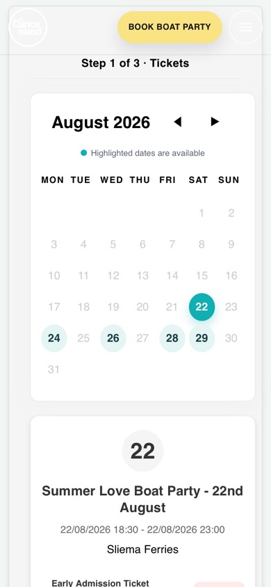 The Dance Island booking calendar on a phone